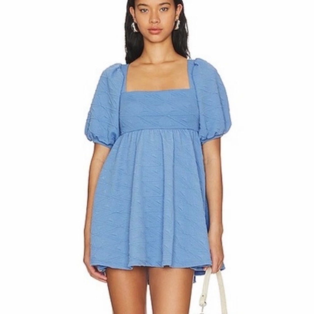 Free People Dress Violet Mini December Sky Blue Puff Sleeve Bow Tie Back Women M